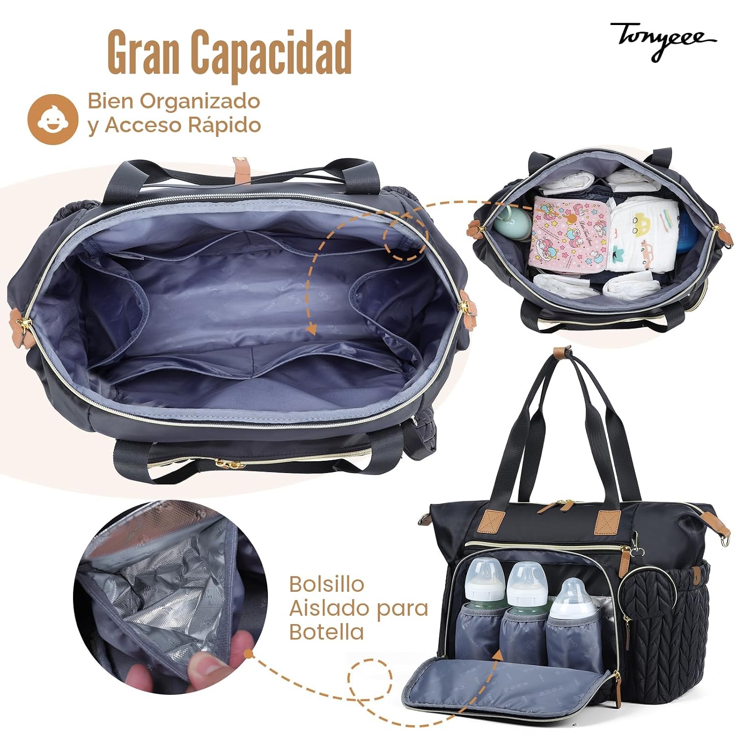 Tonyeee - Bolso para pañales, gran bolsa de pañales impermeable, bo...