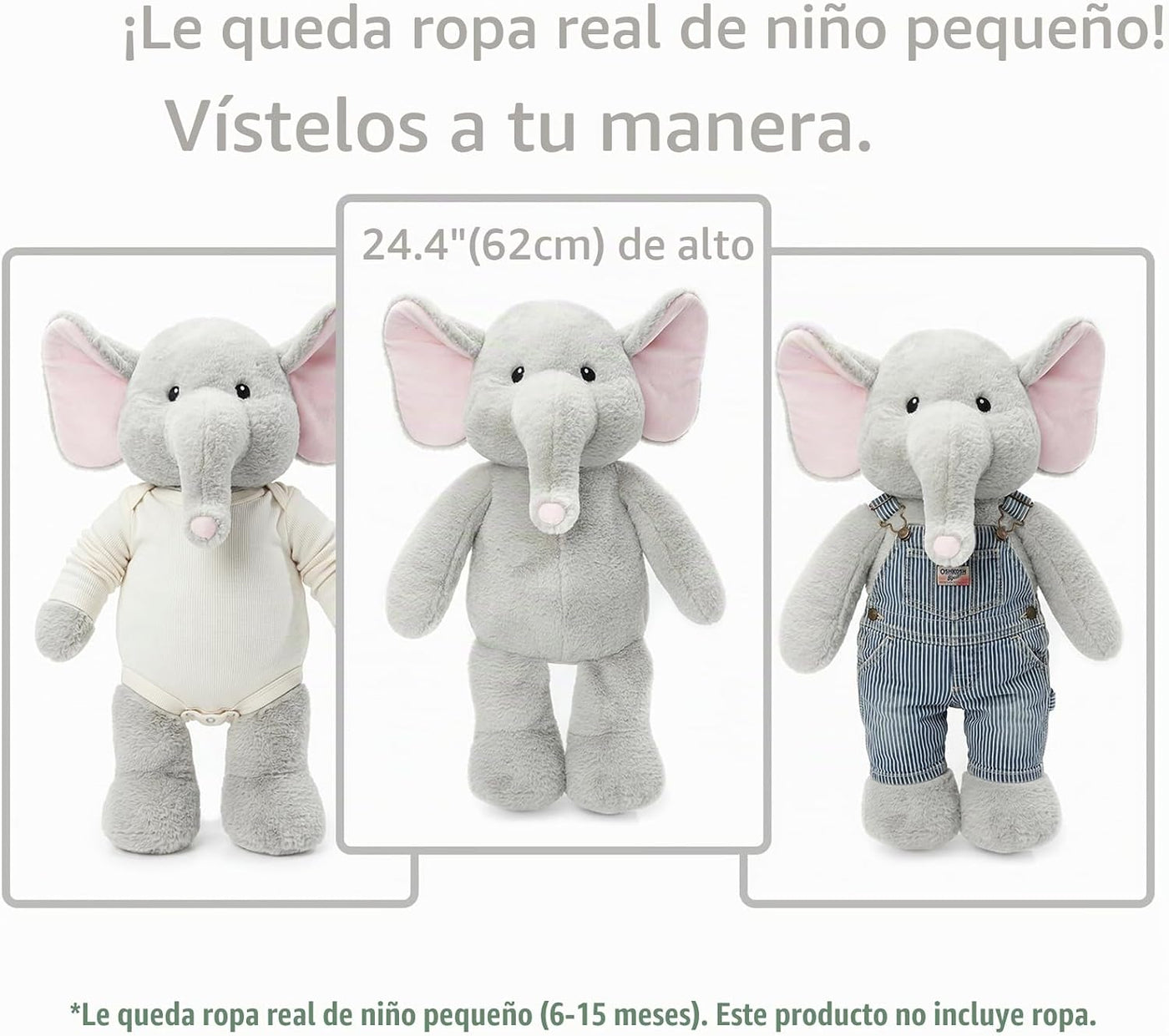 WEIGEDU Juguete de peluche de elefante de peluche aderezable, 24.4...