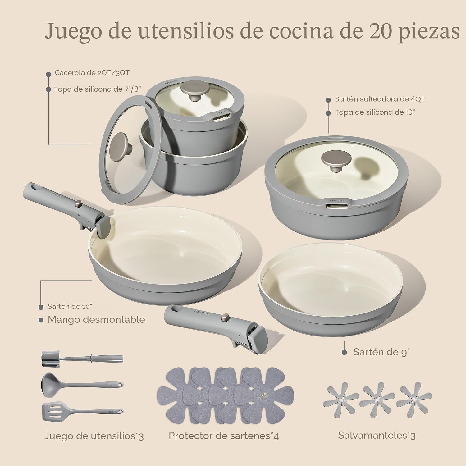 Carote Juego de 20 utensilios de cocina de cerámica con asas desmon...