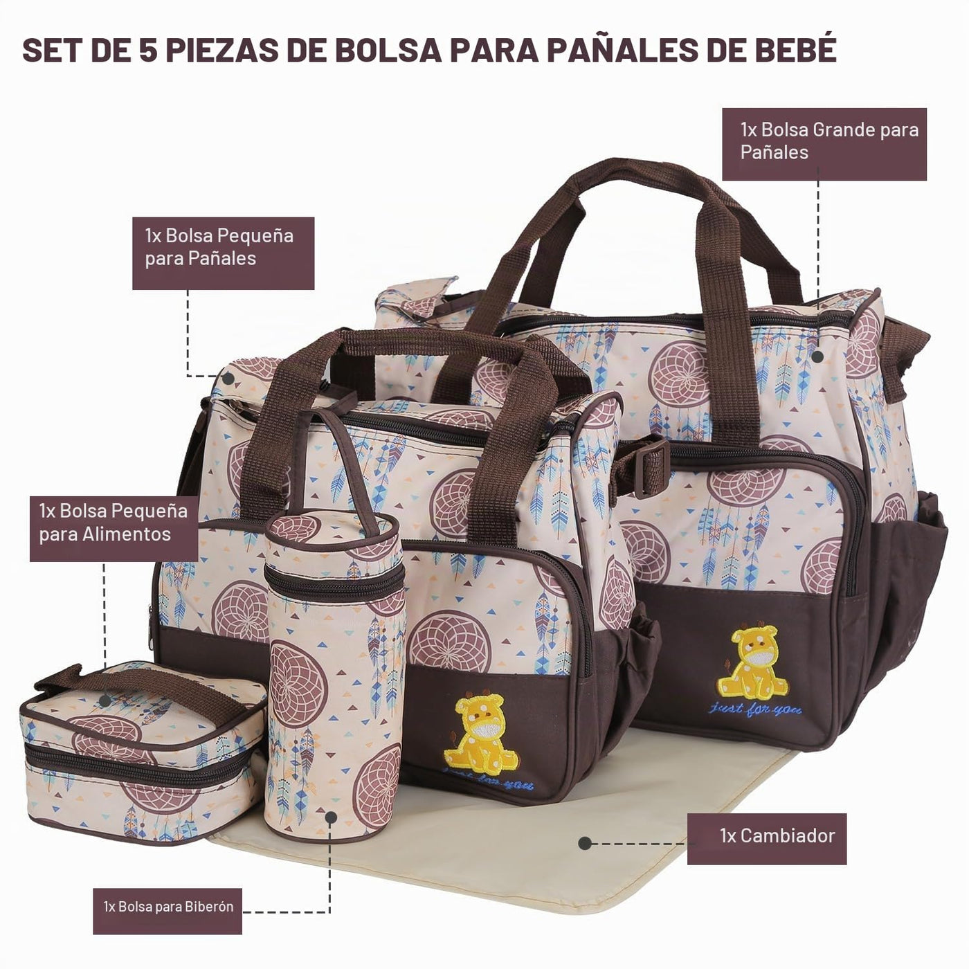 Moclever Juego de 5 bolsas de pañales - Bolsas de bebé para mamá, Café