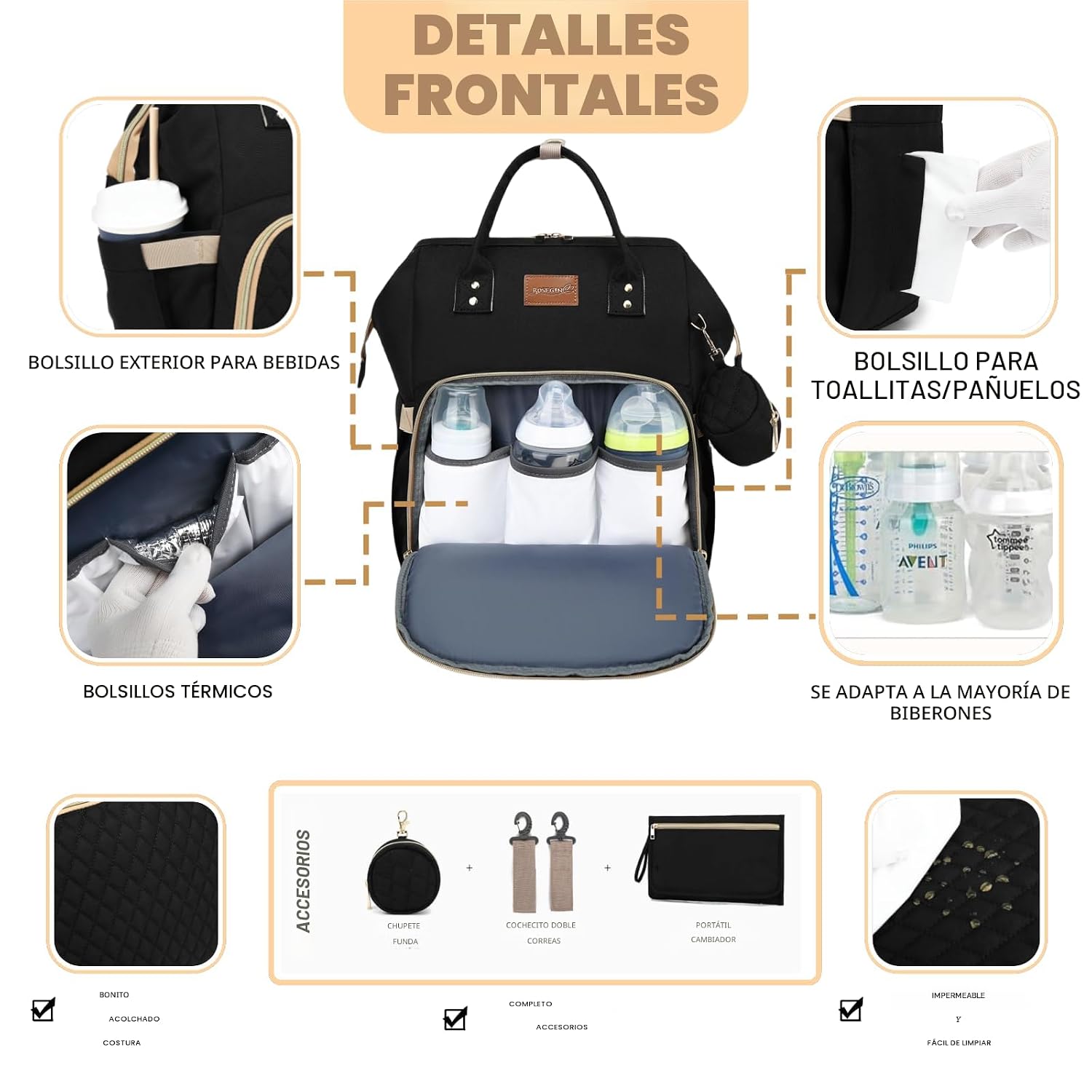 ROSEGIN Mochila para pañales con cambiador y estuche para chupete,...