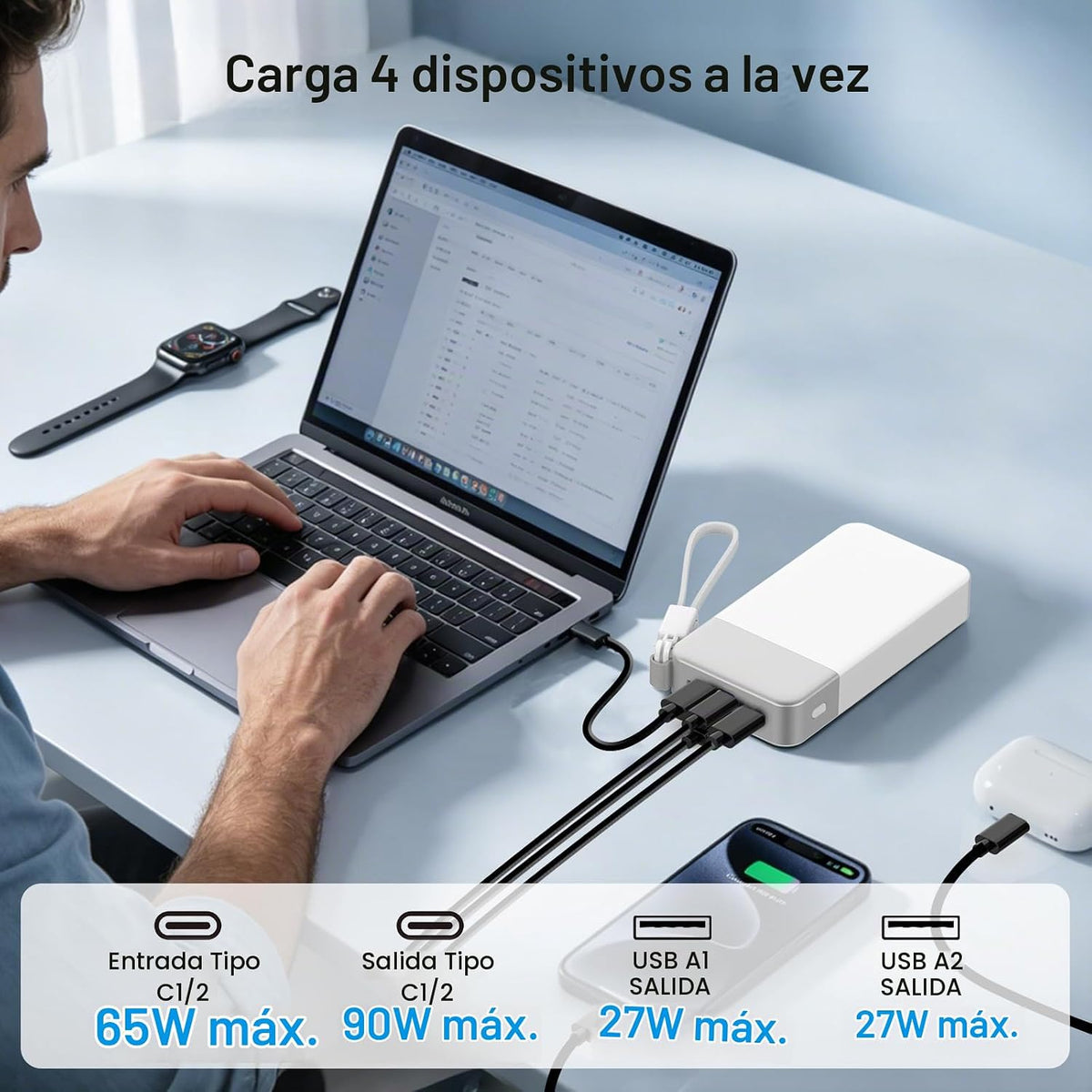 Cargador portátil NOBIS 20000mAh 90W Power Bank con cable desmontab...