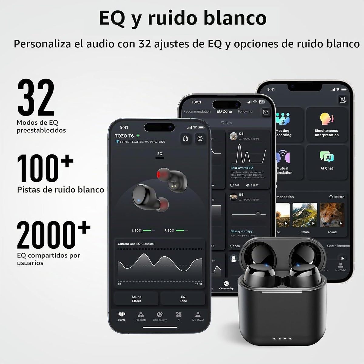 Auriculares inalámbricos TOZO T6 con sonido estéreo Bluetooth 5.3,...