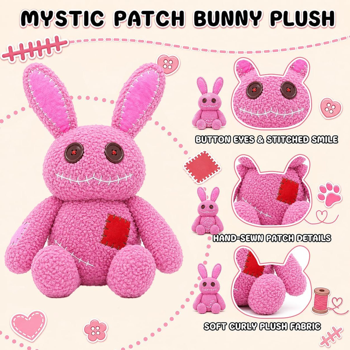 PHHKK Peluche de conejo rosa cosido gótico de Halloween, espeluznan...