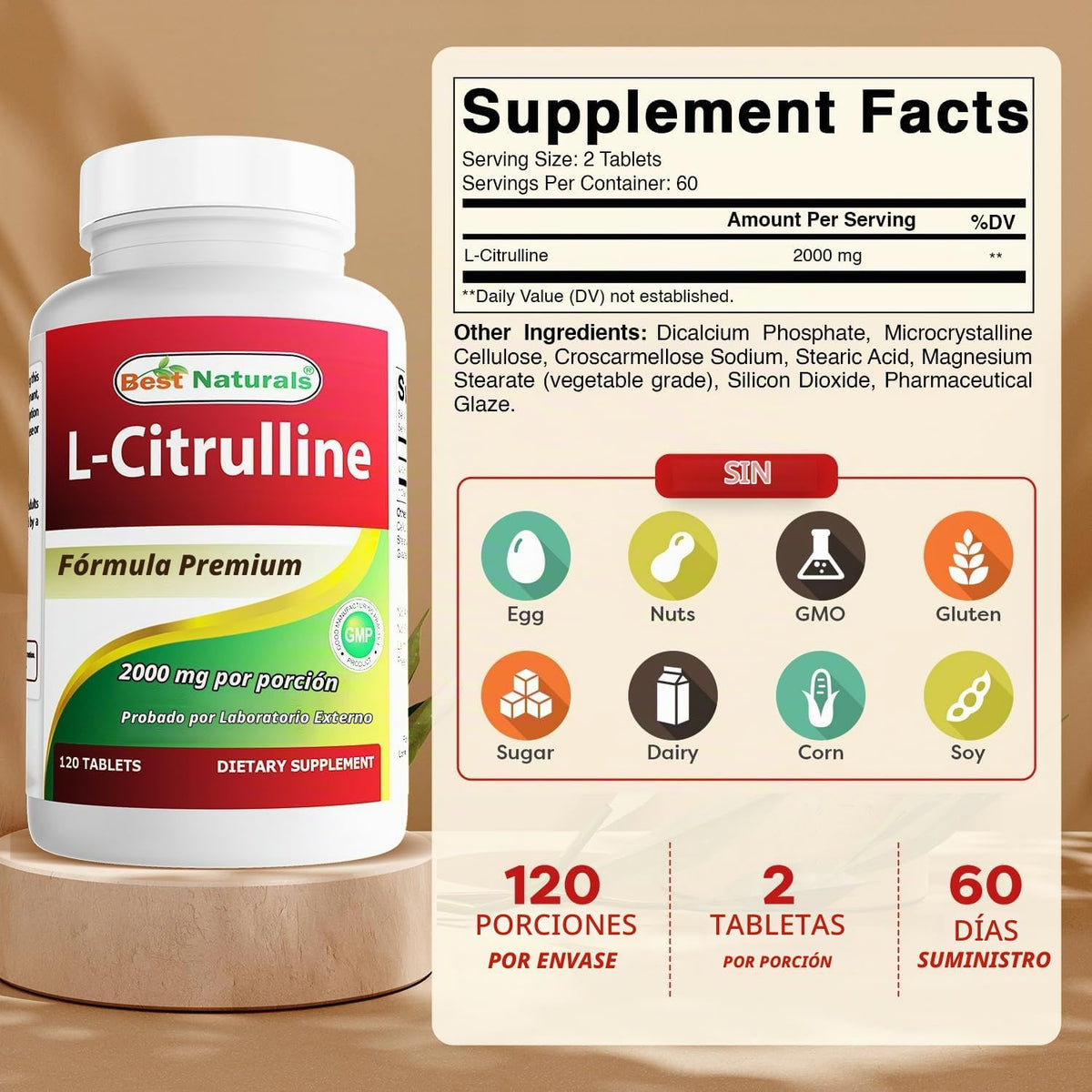 Best Naturals L-Citrulina 2000 mg\/porción - Sin OMG - Sin gluten -...