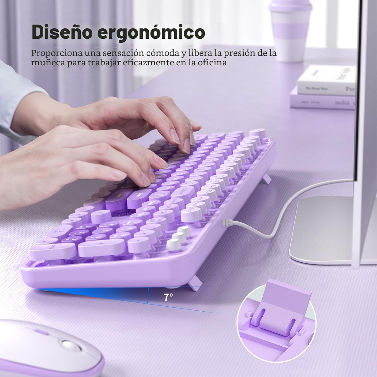 MOWUX Teclado de computadora con cable, teclado USB redondo retro P...