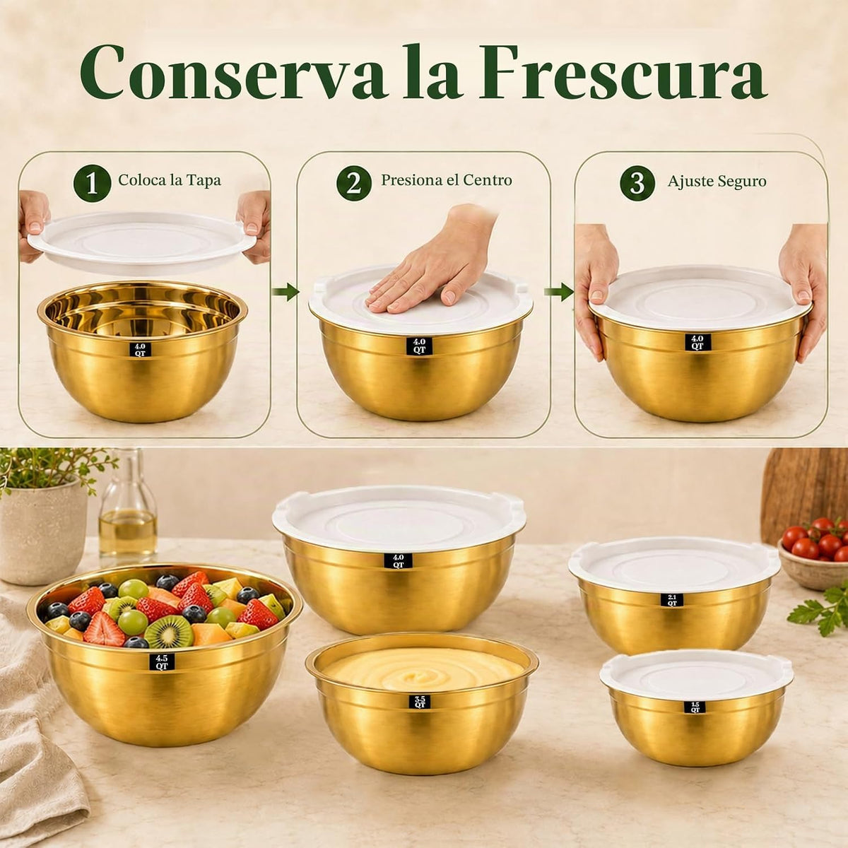 Juego de 5 cuencos de acero inoxidable dorados con tapas blancas, j...