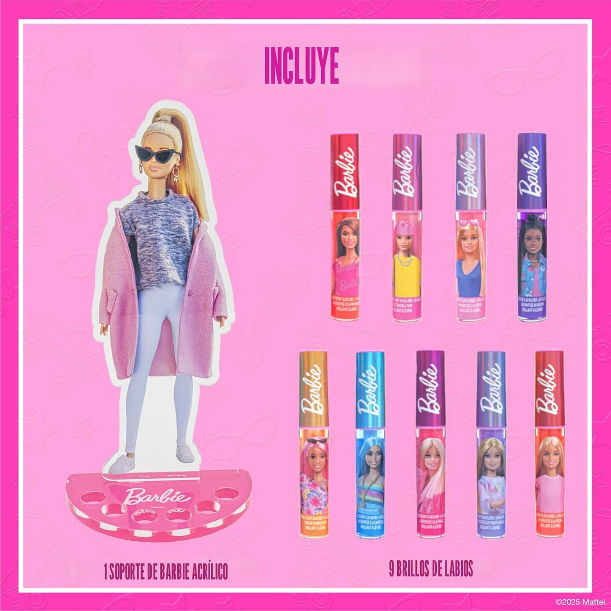 Barbie - Juego de brillo de labios con soporte de exhibición, a bas...