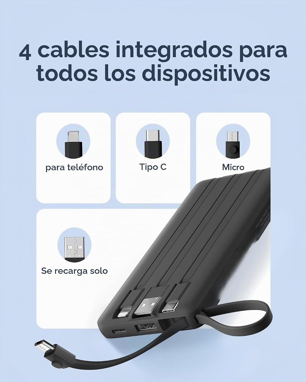 Cargador portátil VRURC, 4 cables integrados y banco de energía con...