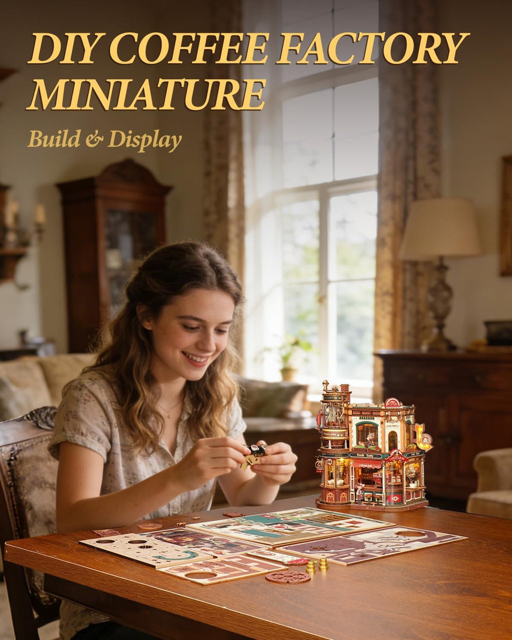 ROKR Moving Dream Coffee Factory DIY Kit de casa en miniatura – Rom...