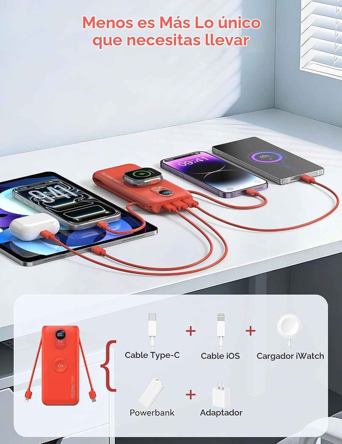 Cargador portátil Power Bank 10000mAh PD20W con cables incorporados...