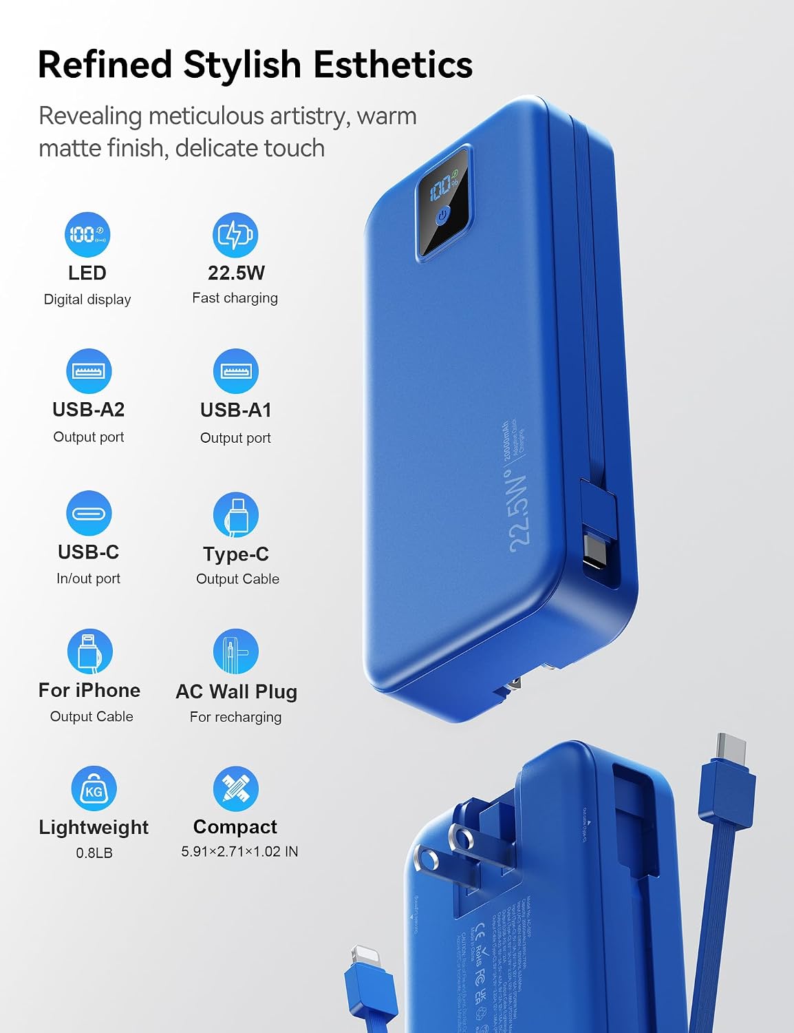 Rngsnoy Cargador portátil 20000mAh 22.5W w\/Cable incorporado y enc...