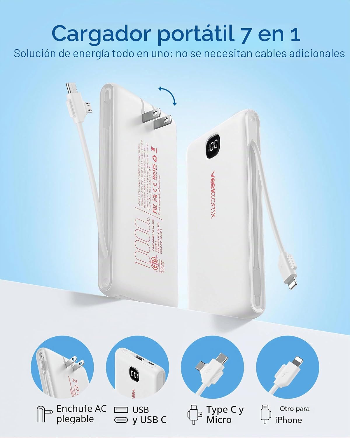 VEEKTOMX Cargador portátil con cables incorporados y enchufe de par...