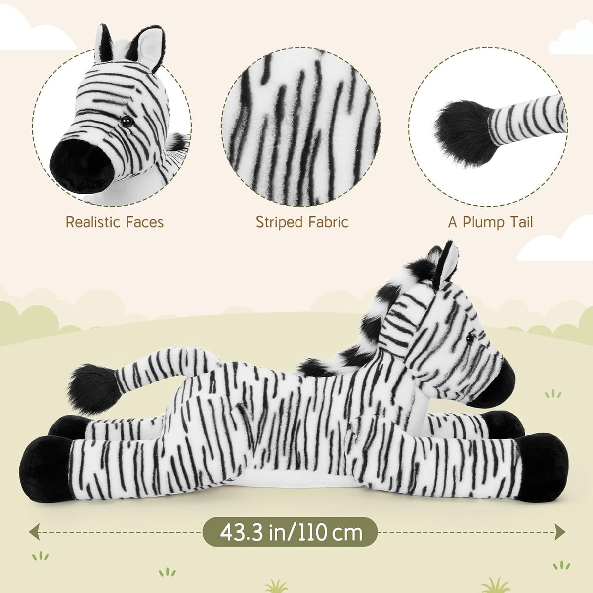 Tezituor Animal de peluche de cebra gigante de 43.3 pulgadas, almoh...