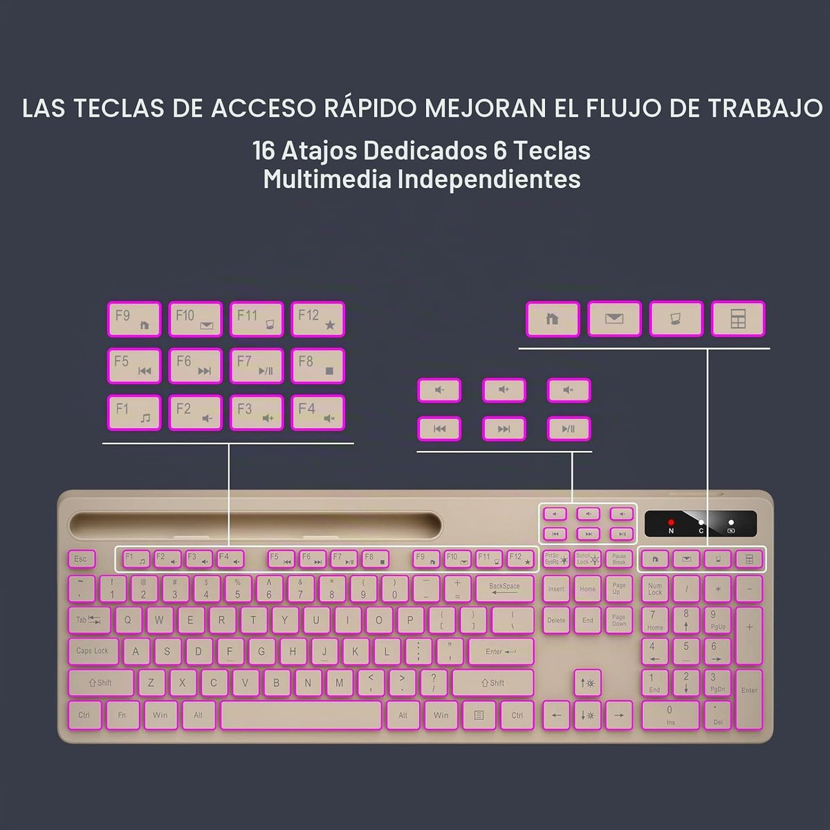 Soueto Teclado inalámbrico con retroiluminación RGB de 7 colores, t...