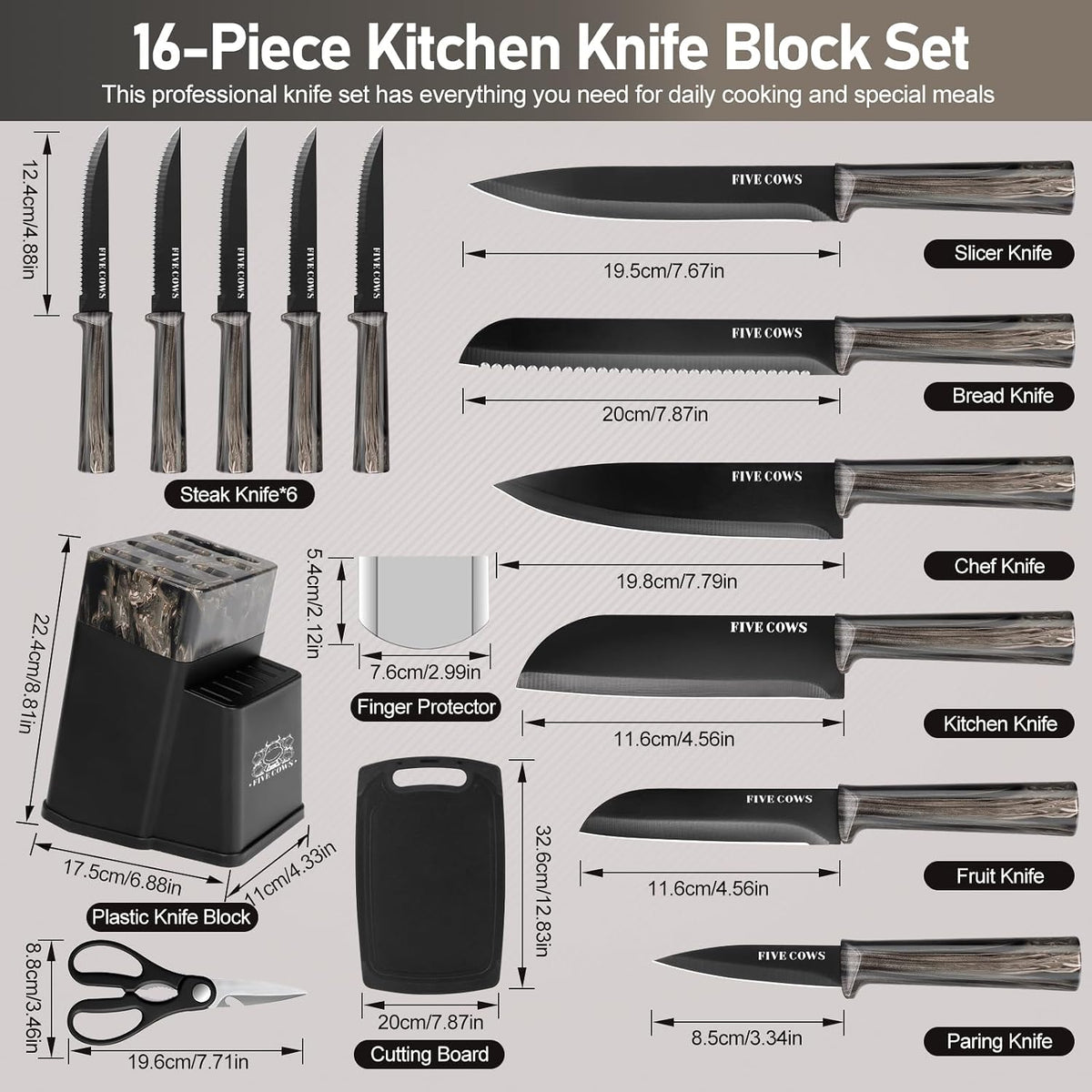 Juego de Cuchillos de Cocina de 16 Piezas con Bloque y Tabla de Cor...