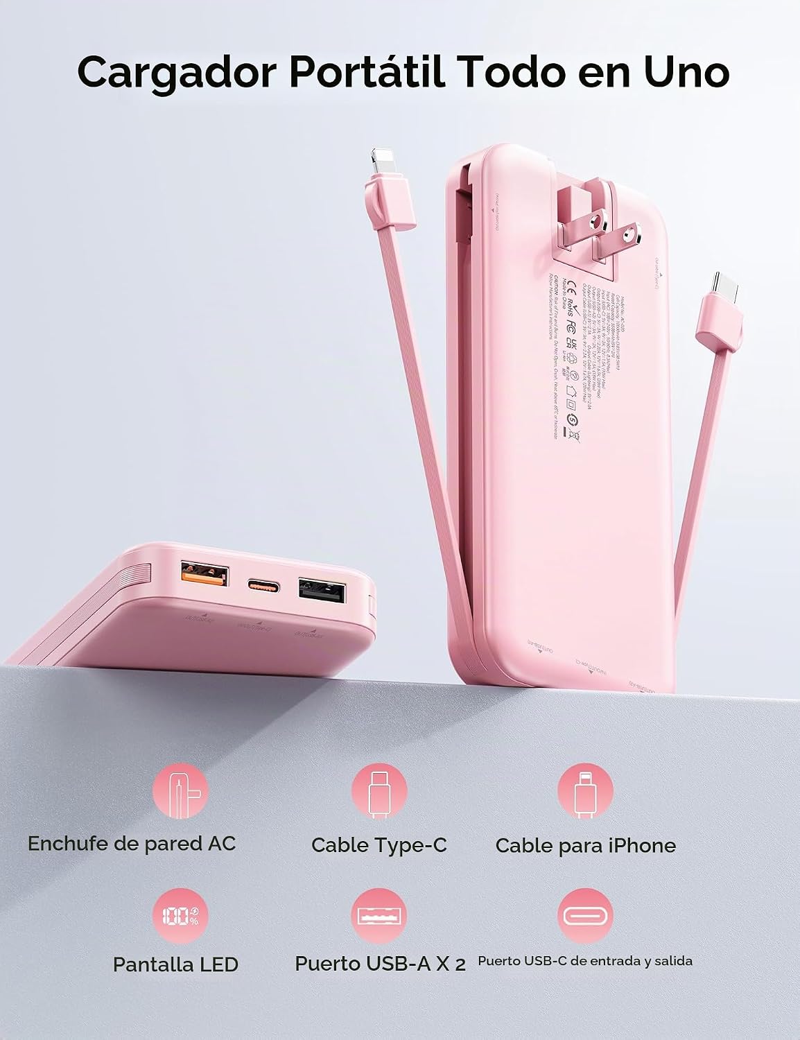 Cargador portátil Power Bank 10000mAh con cables integrados y enchu...