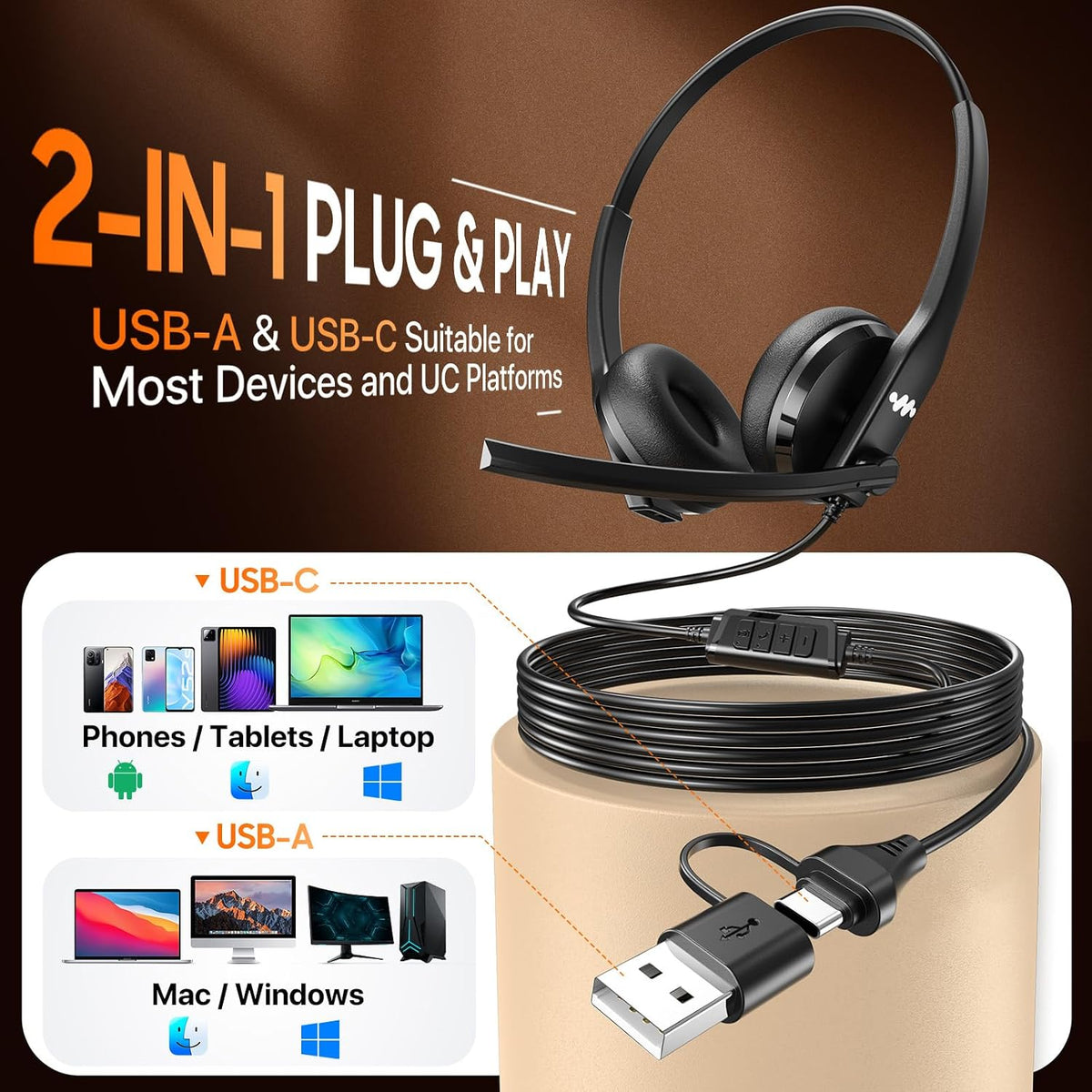 Necode Auriculares USB con micrófono para PC, auriculares con cable...