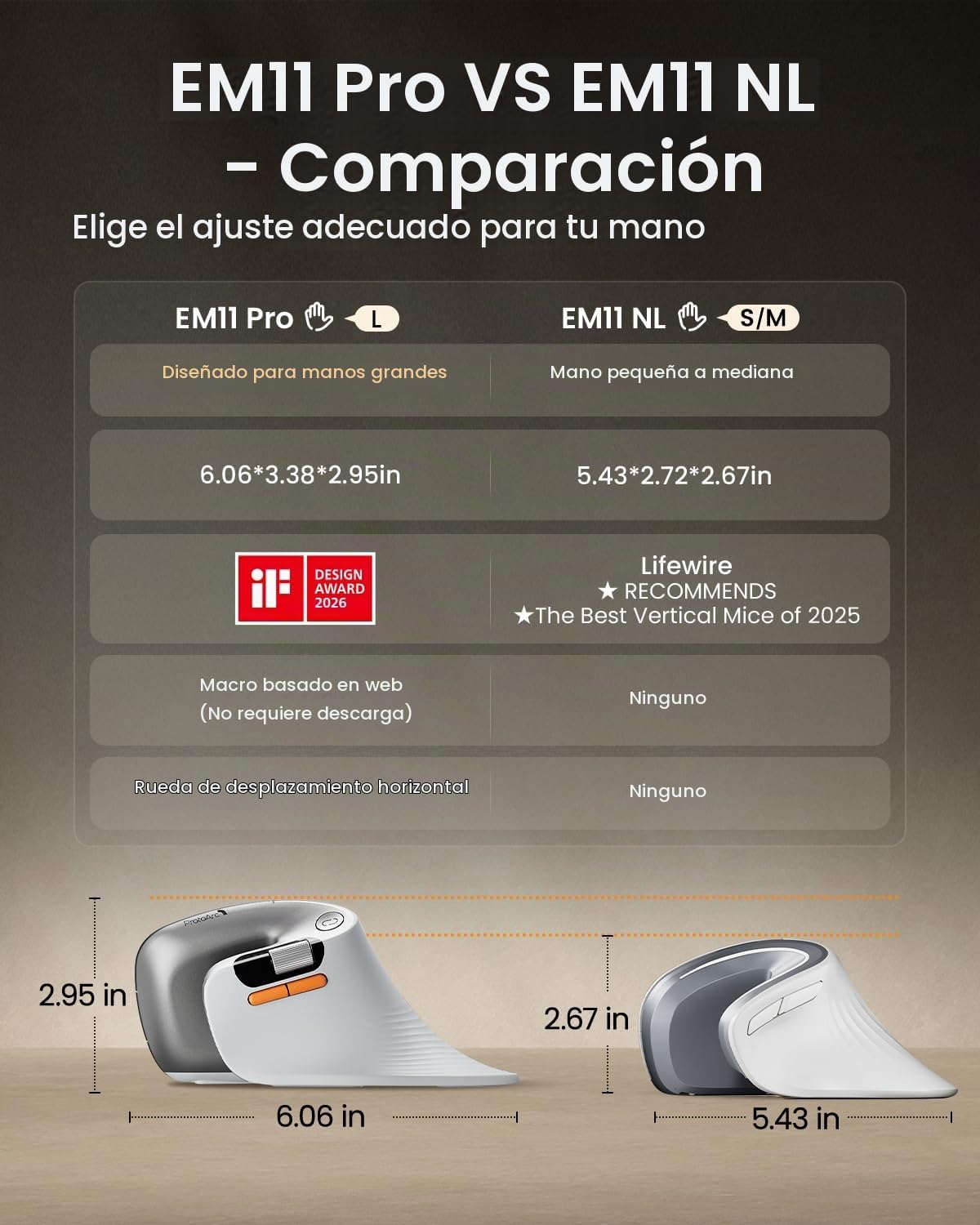 ProtoArc EM11 Pro - Ratón ergonómico para manos grandes, desplazami...