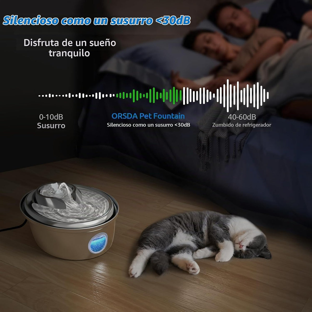 ORSDA Fuente de agua de acero inoxidable para gatos, fuente automát...