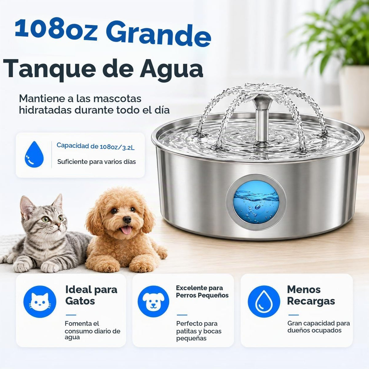Fuente de agua para gatos, fuente para mascotas de acero inoxidable...