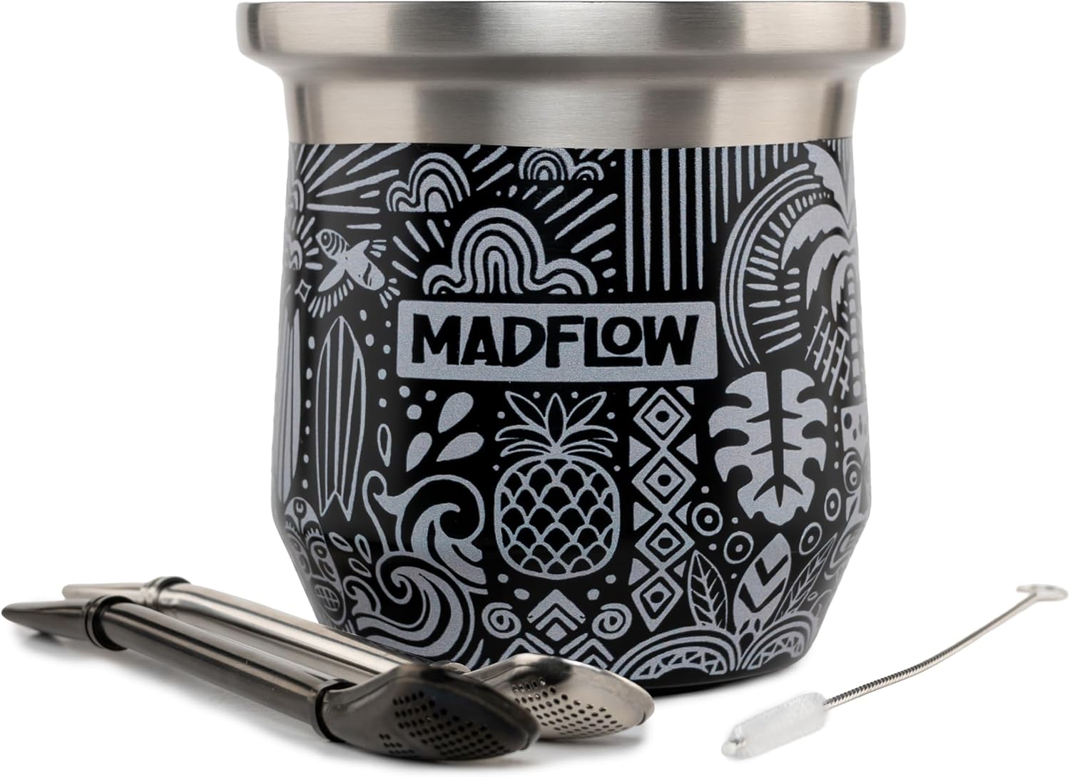 MADFLOW Taza de Yerba Mate. Taza mate de acero inoxidable con 2 bombillas. Calabaza de yerba mate aislada al vacío de doble pared. Juego único de calabaza y bombilla