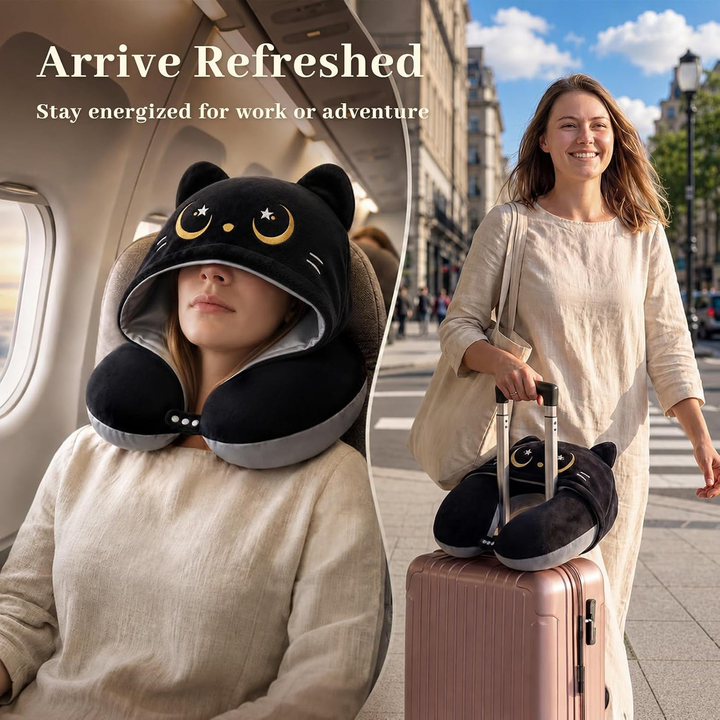 Mewaii Almohada de viaje para el cuello, almohada de avión con capu...