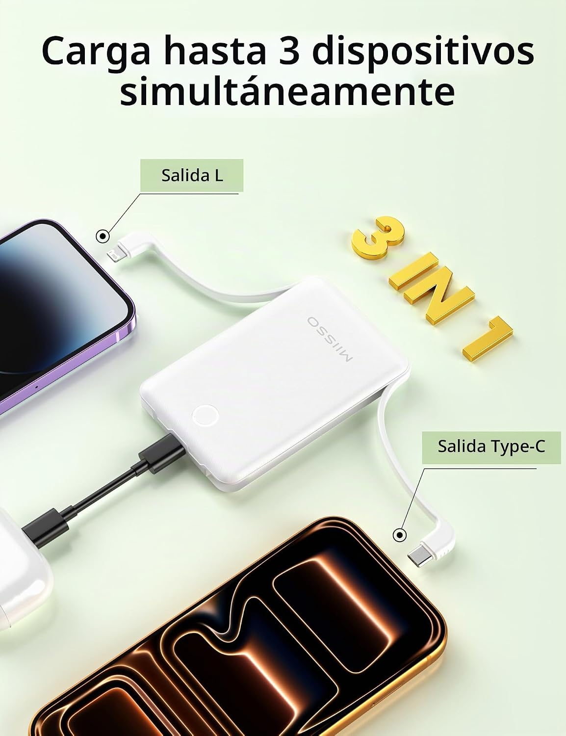 Mini cargador portátil de 10000 mAh con cable integrado, paquete de...