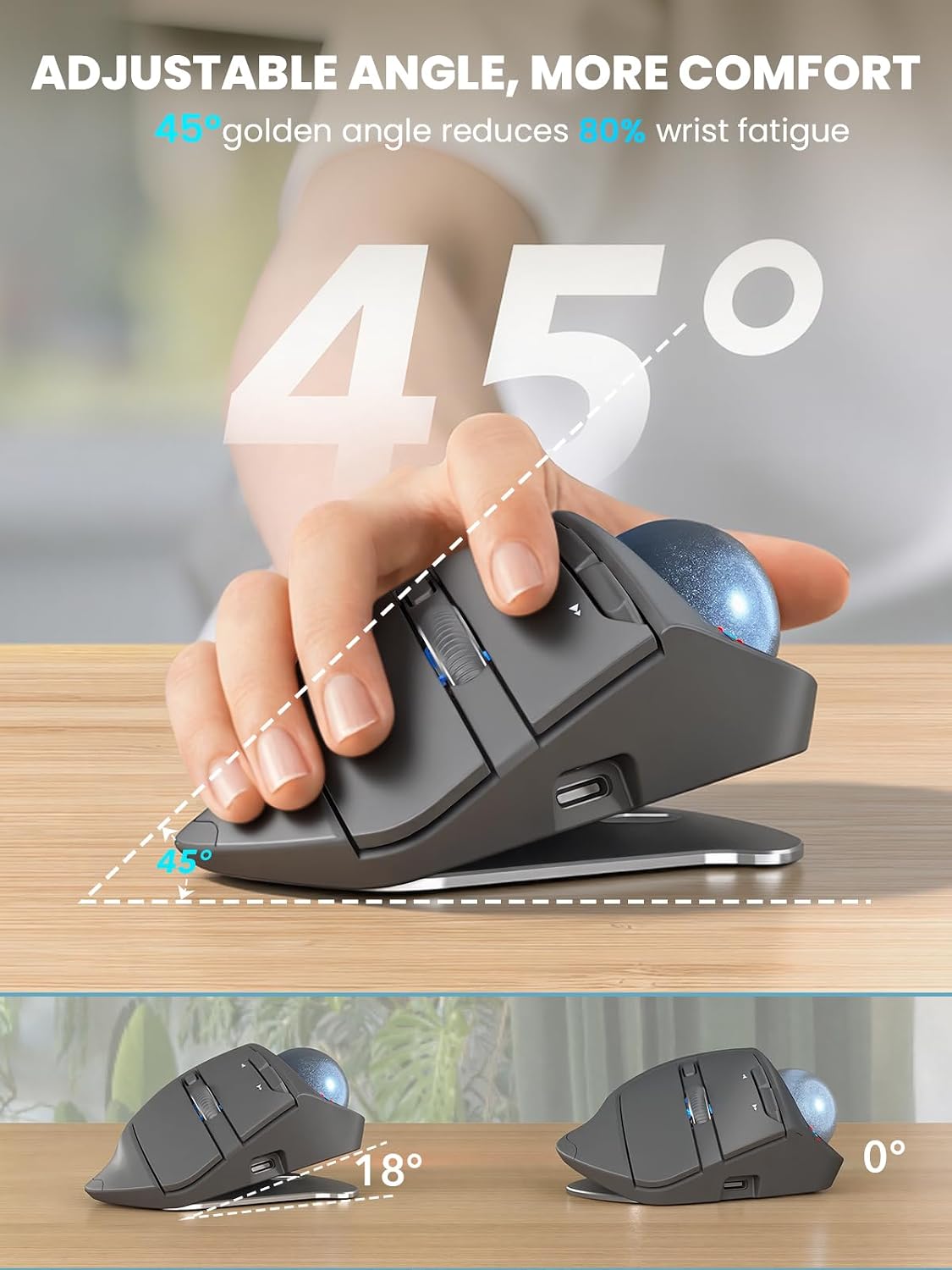 Ratón de Trackball inalámbrico, ángulo ajustable recargable, mouse...