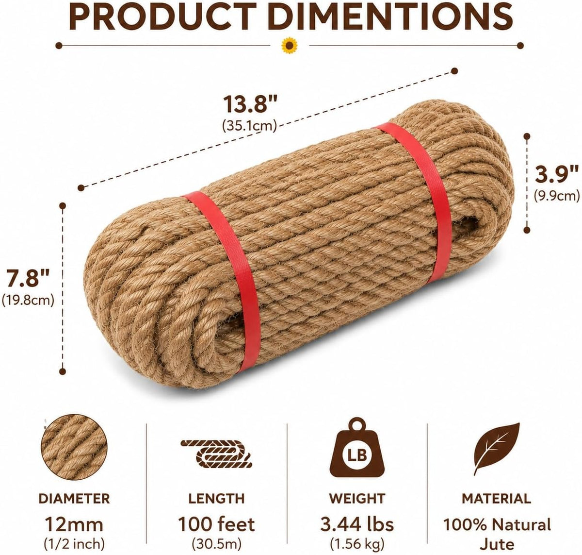 Radix Rope Cuerda de yute, 0.472 in x 100 pies, cuerda de cáñamo gr...