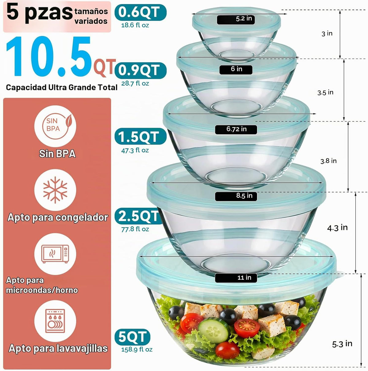 YUANYE - Juego de 5 tazones de vidrio para mezclar con tapas (5 cua...
