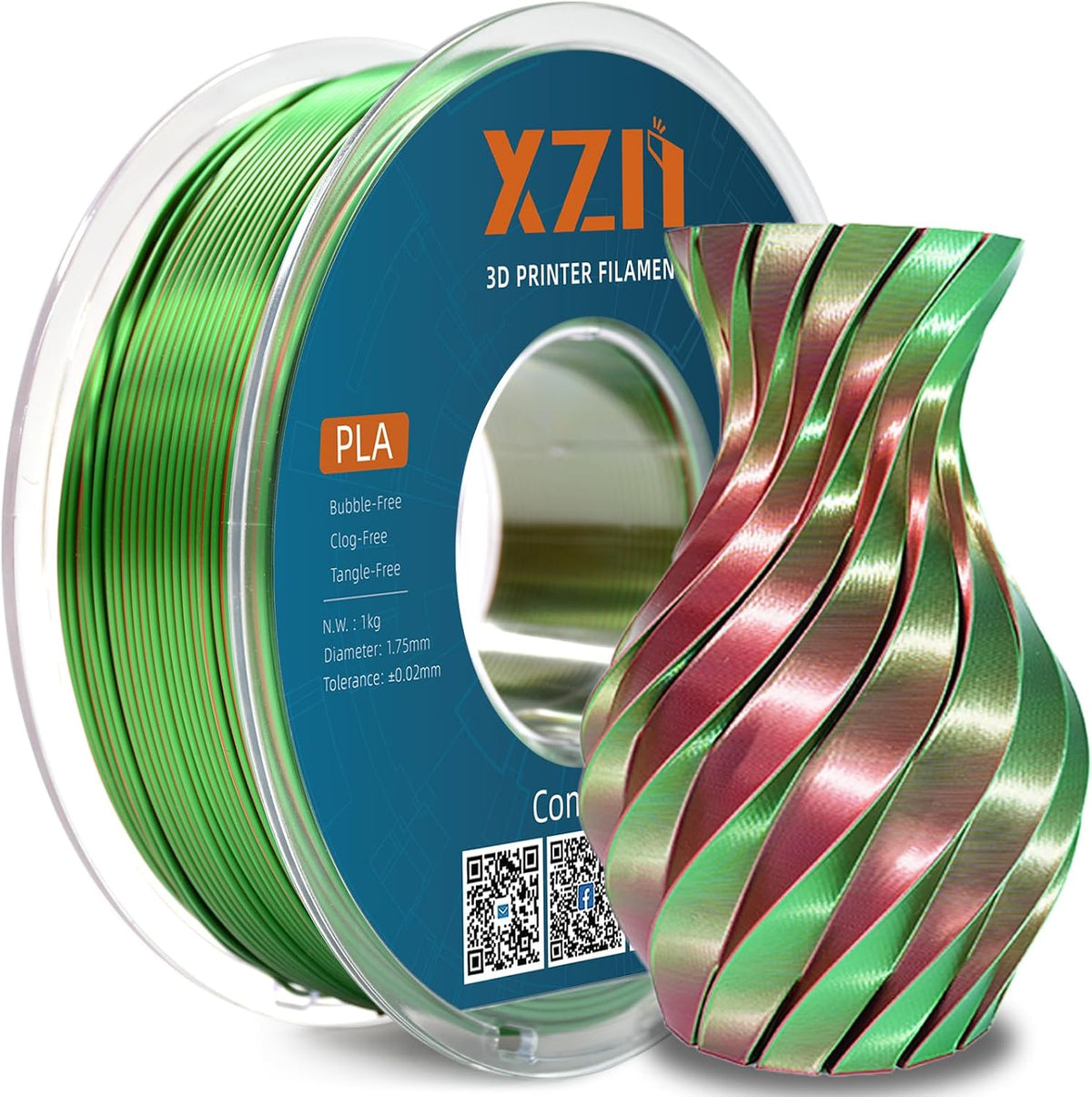 XZN - Filamento PLA de seda de 1,75 mm de doble color verde y rojo...