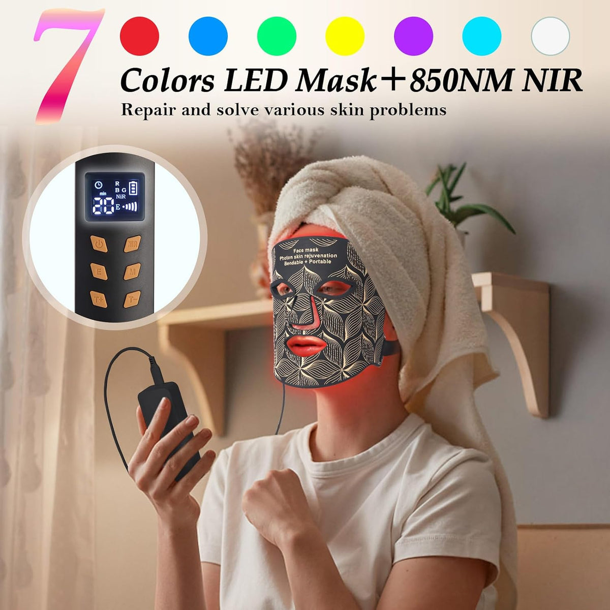 biuufish Terapia de luz roja para la cara, máscara facial LED de 8...