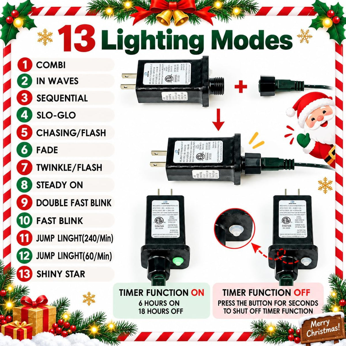 Tira de luces de Navidad conectables de 300 luces LED de 99 pies, 1...