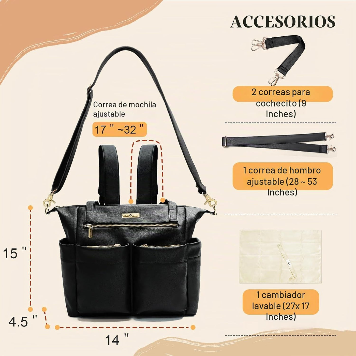 Miss Fong Bolso de cuero para pañales con almohadilla para cambiar,...