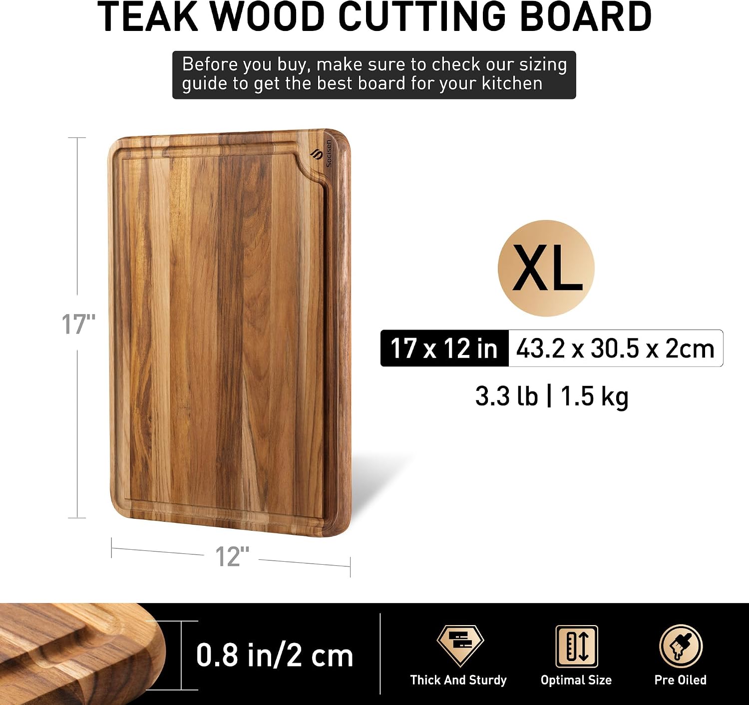 Tabla de cortar de madera de teca de 17 pulgadas, tabla de cortar d...