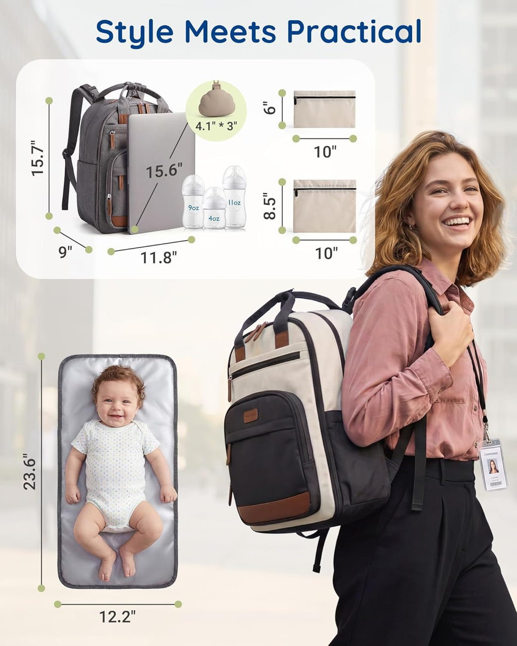 mommore Bolsa de pañales para bebé con cambiador impermeable, Gris-...