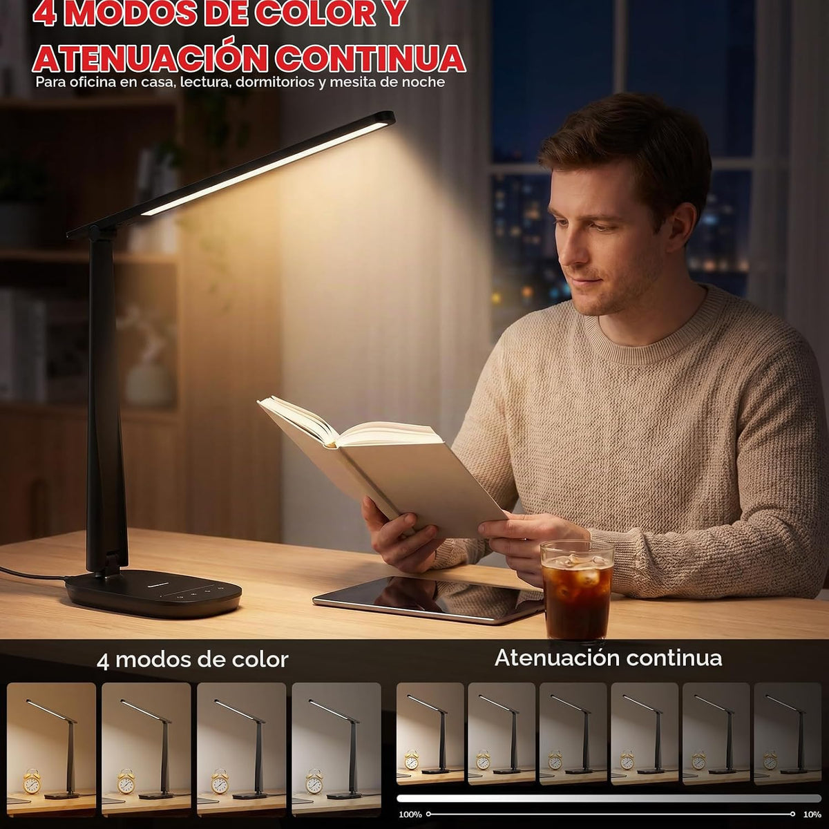 Honeywell Lámpara de escritorio LED para oficina en casa, luz de le...
