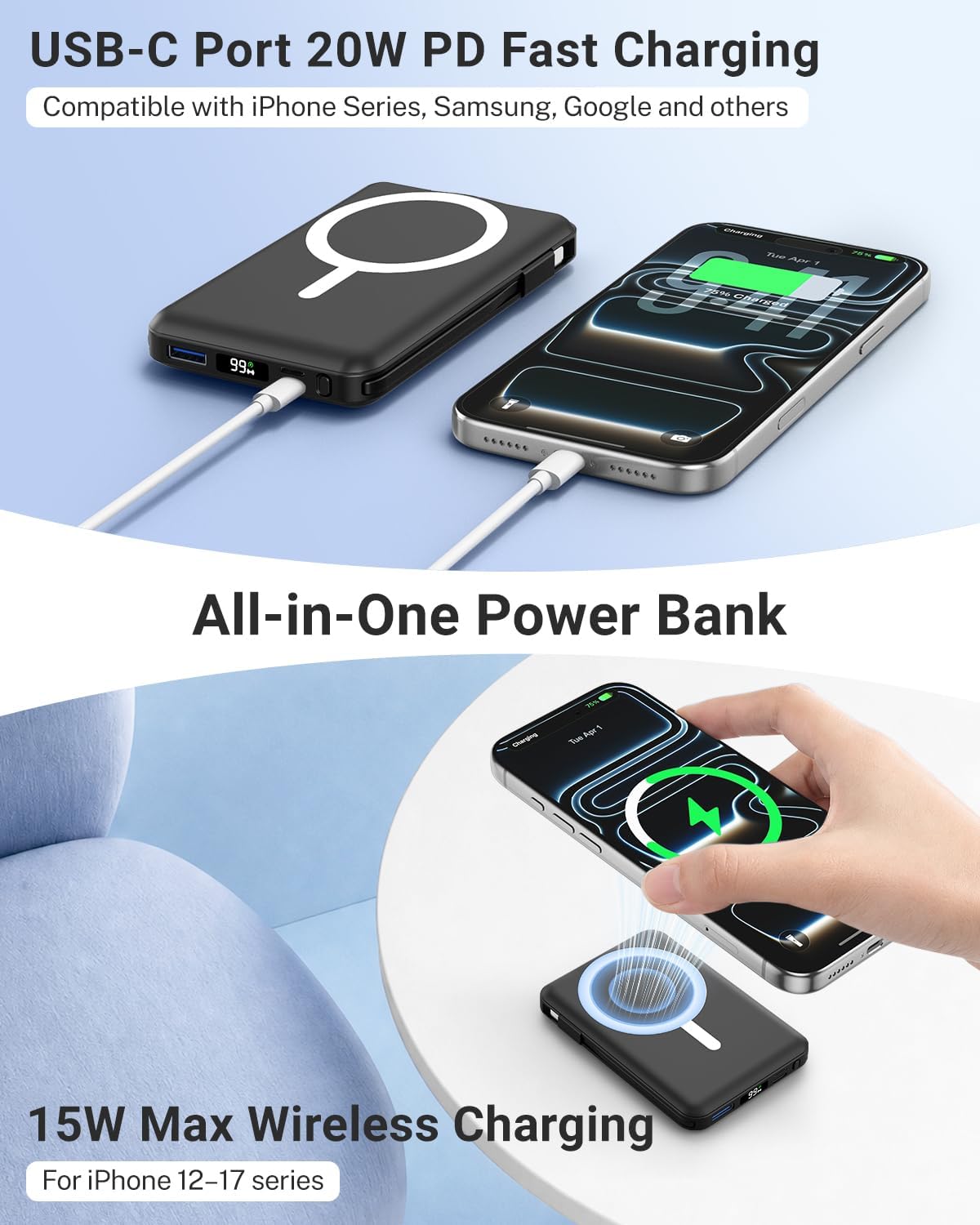 Gawegar para cargador portátil MagSafe, banco de energía magnético...