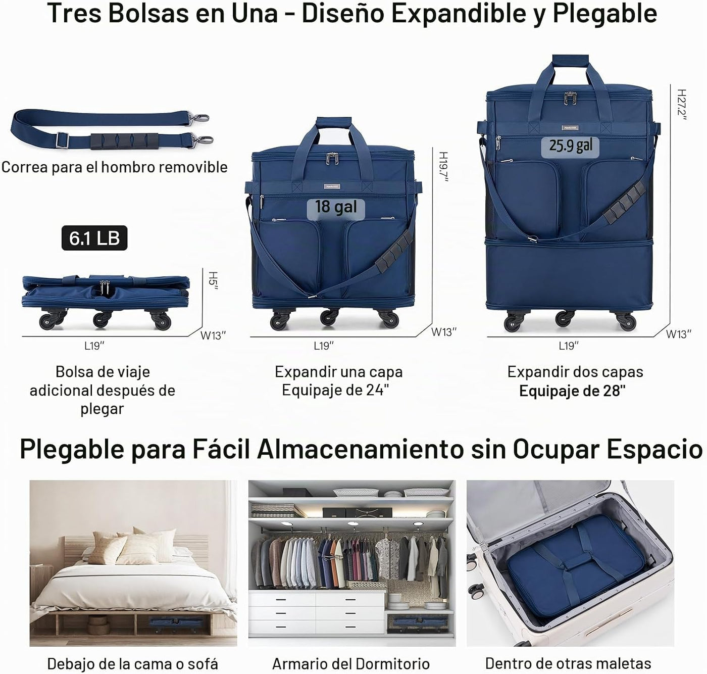 Maletas Hanke con ruedas, bolsa de equipaje plegable y expandible,...