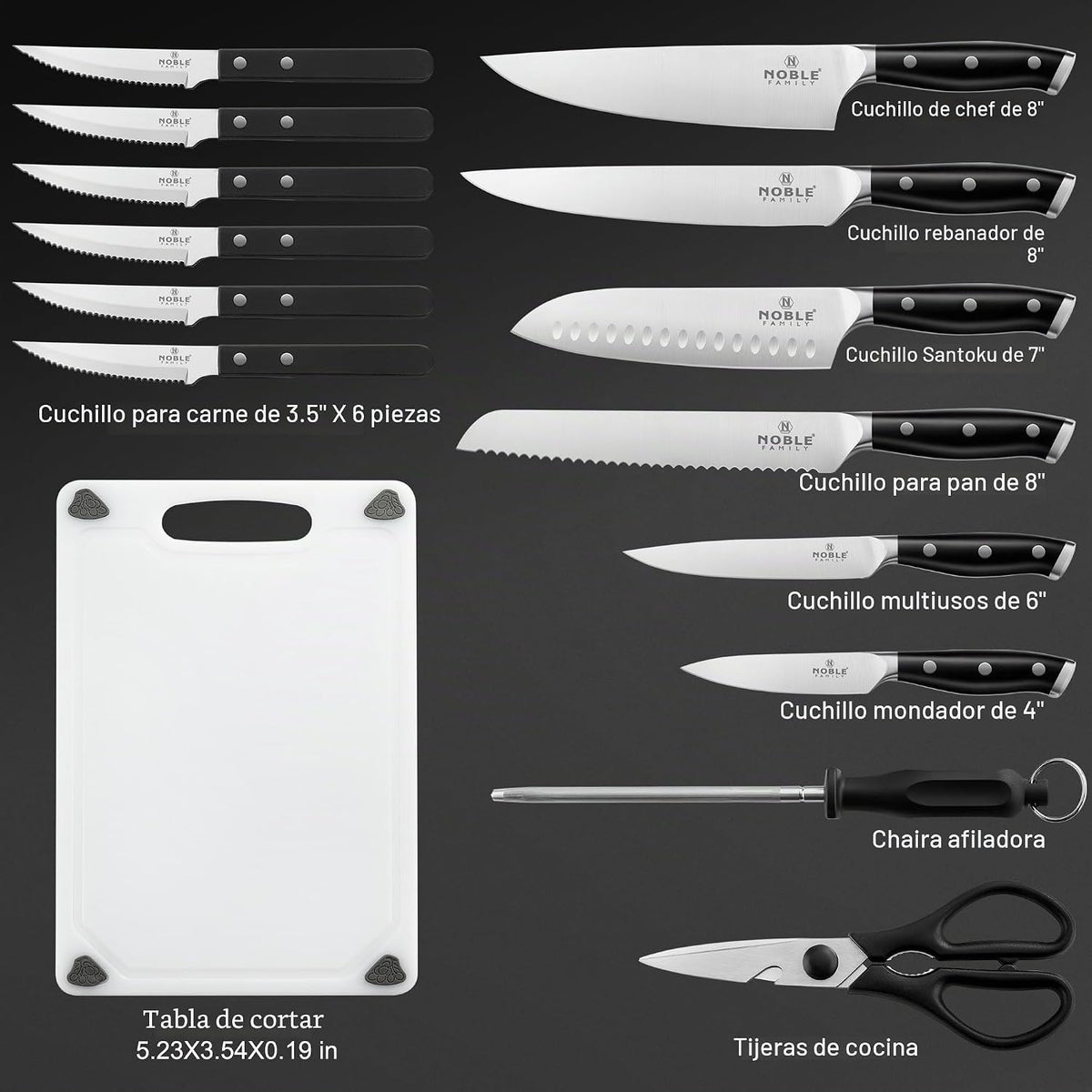 Juego de cuchillos con bloque, N NOBLE FAMILY, juego de 16 cuchillo...