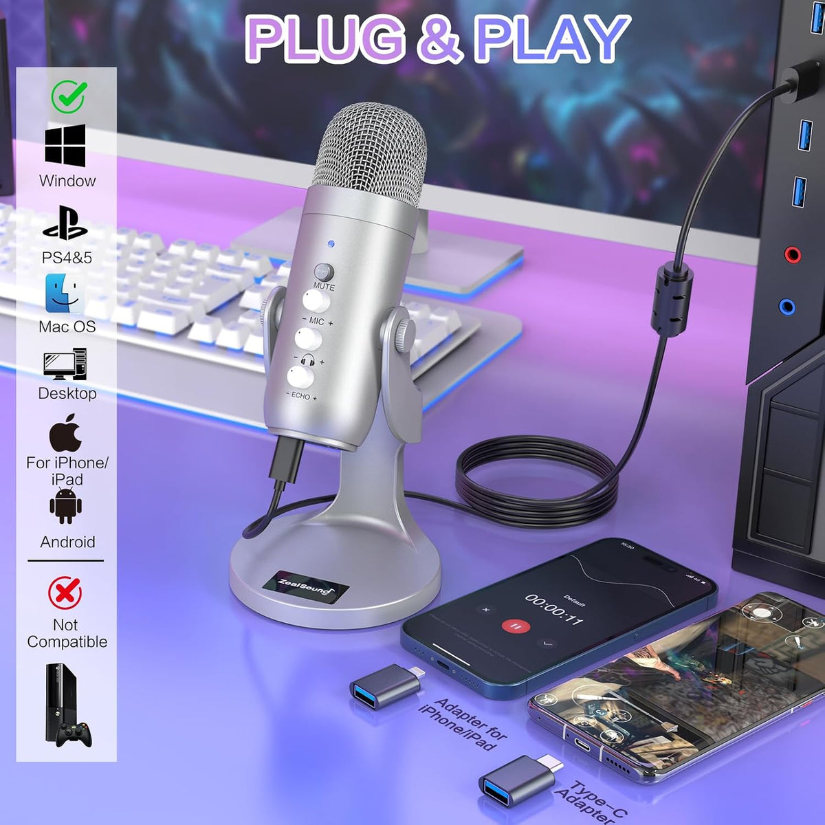 ZealSound Micrófono Podcast para PC, Micrófono USB con cancelación...