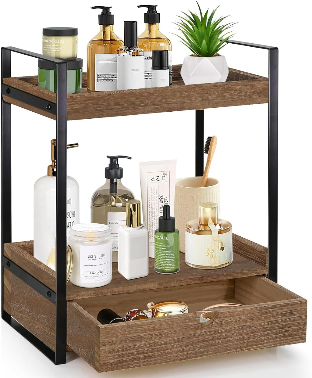 Organizador de baño de 2 niveles para encimera con cajón, estante d...