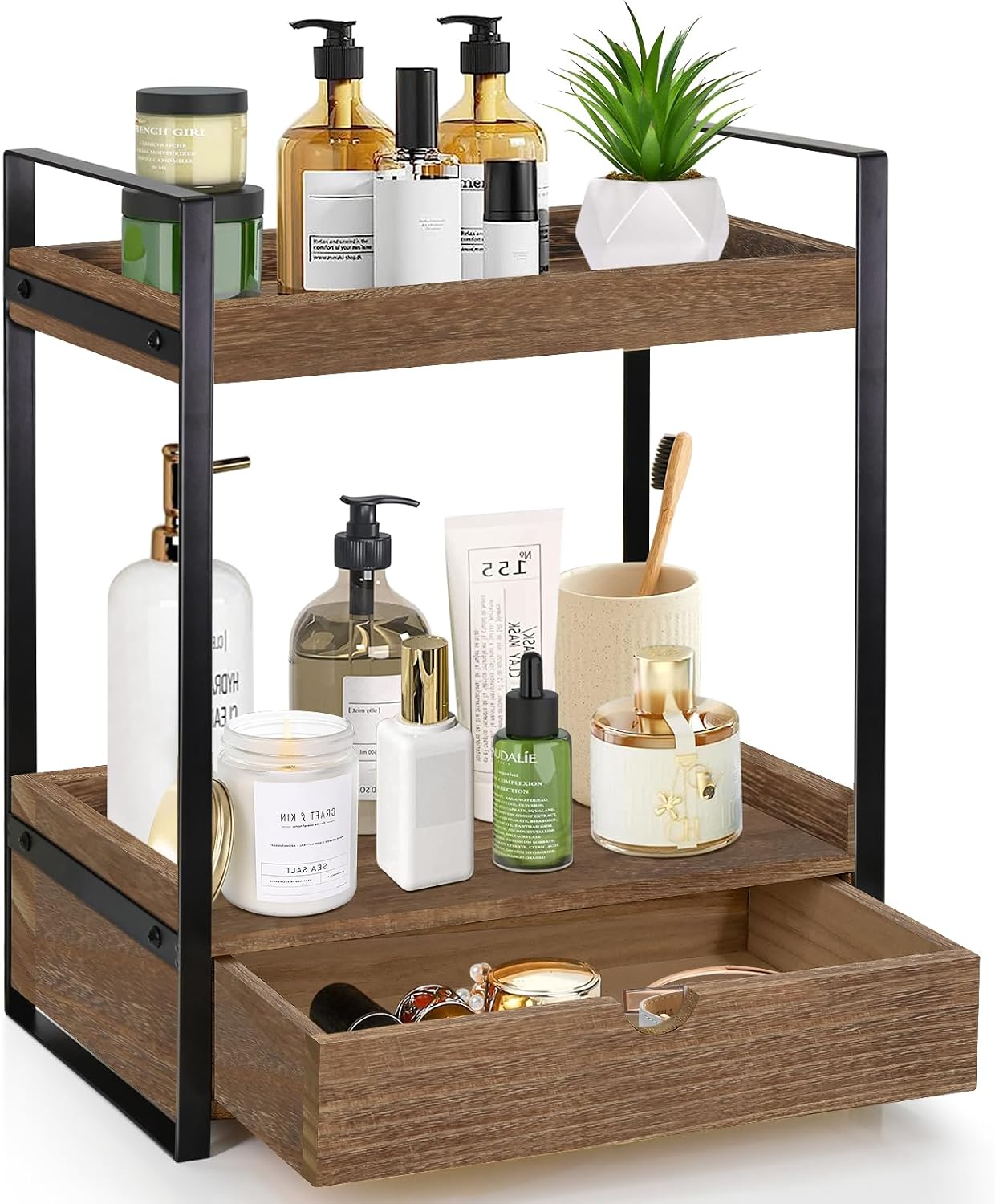 Organizador de baño de 2 niveles para encimera con cajón, estante d...