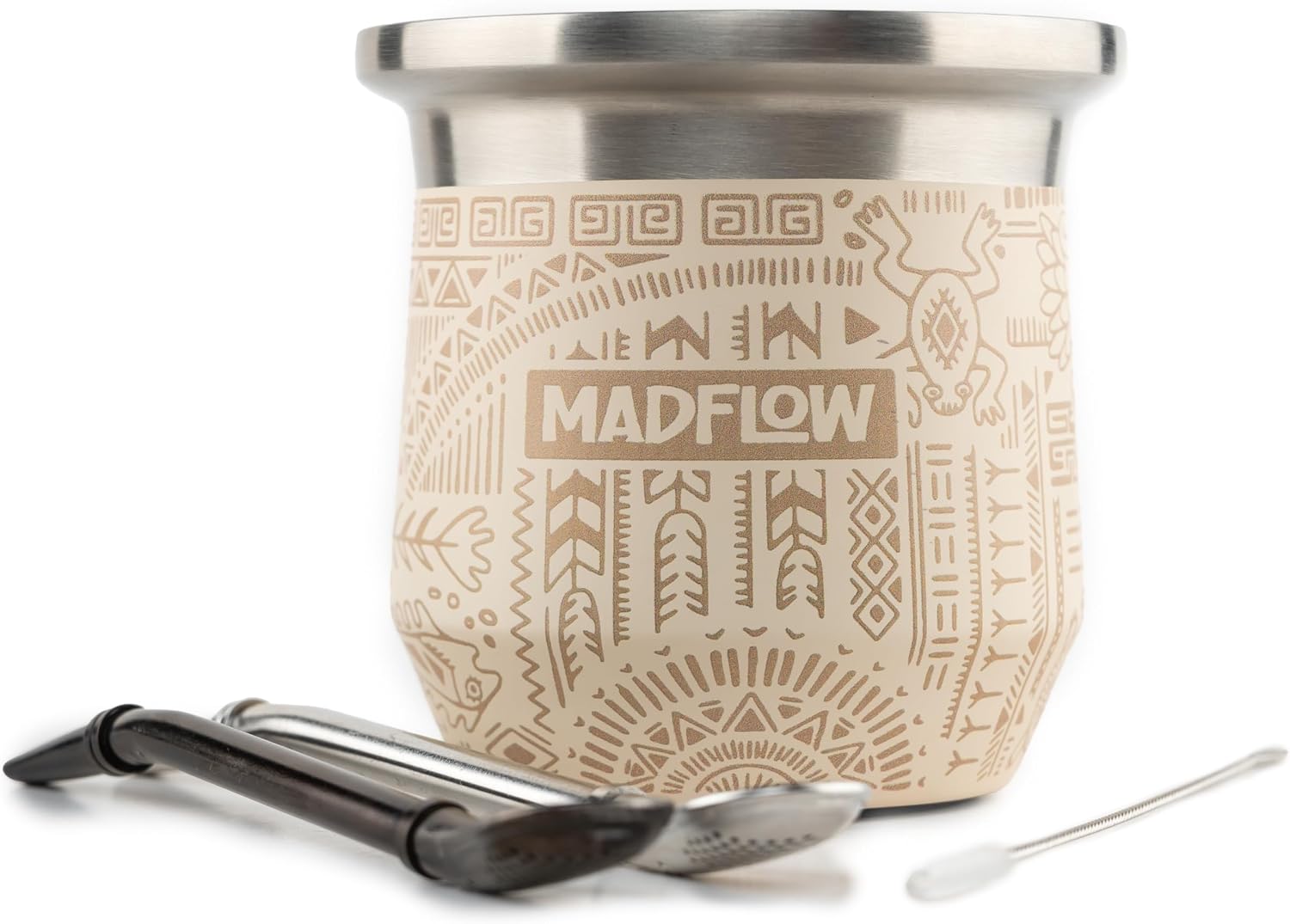 MADFLOW Taza de Yerba Mate. Taza mate de acero inoxidable con 2 bombillas. Calabaza de yerba mate aislada al vacío de doble pared. Juego único de calabaza y bombilla