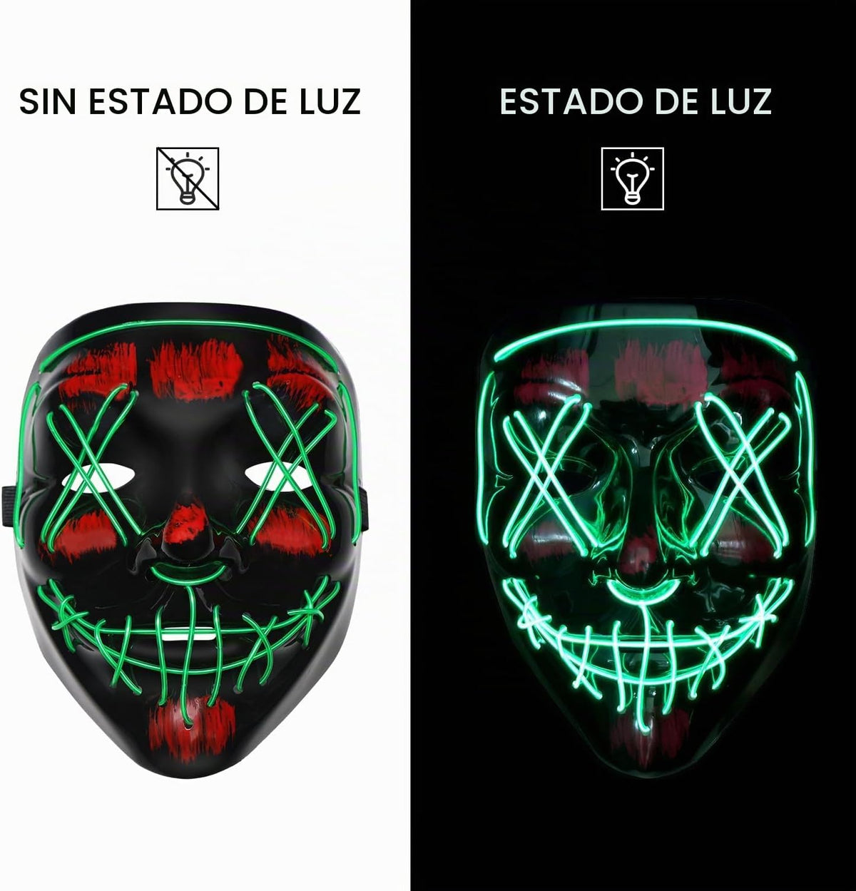 BOMLY Máscara de miedo con luz de purga de Halloween, máscara LED d...