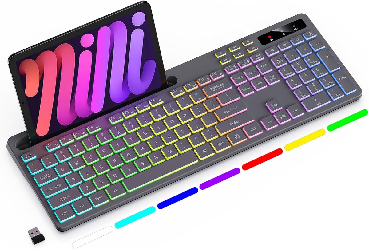 Soueto Teclado inalámbrico con retroiluminación RGB, soporte para t...