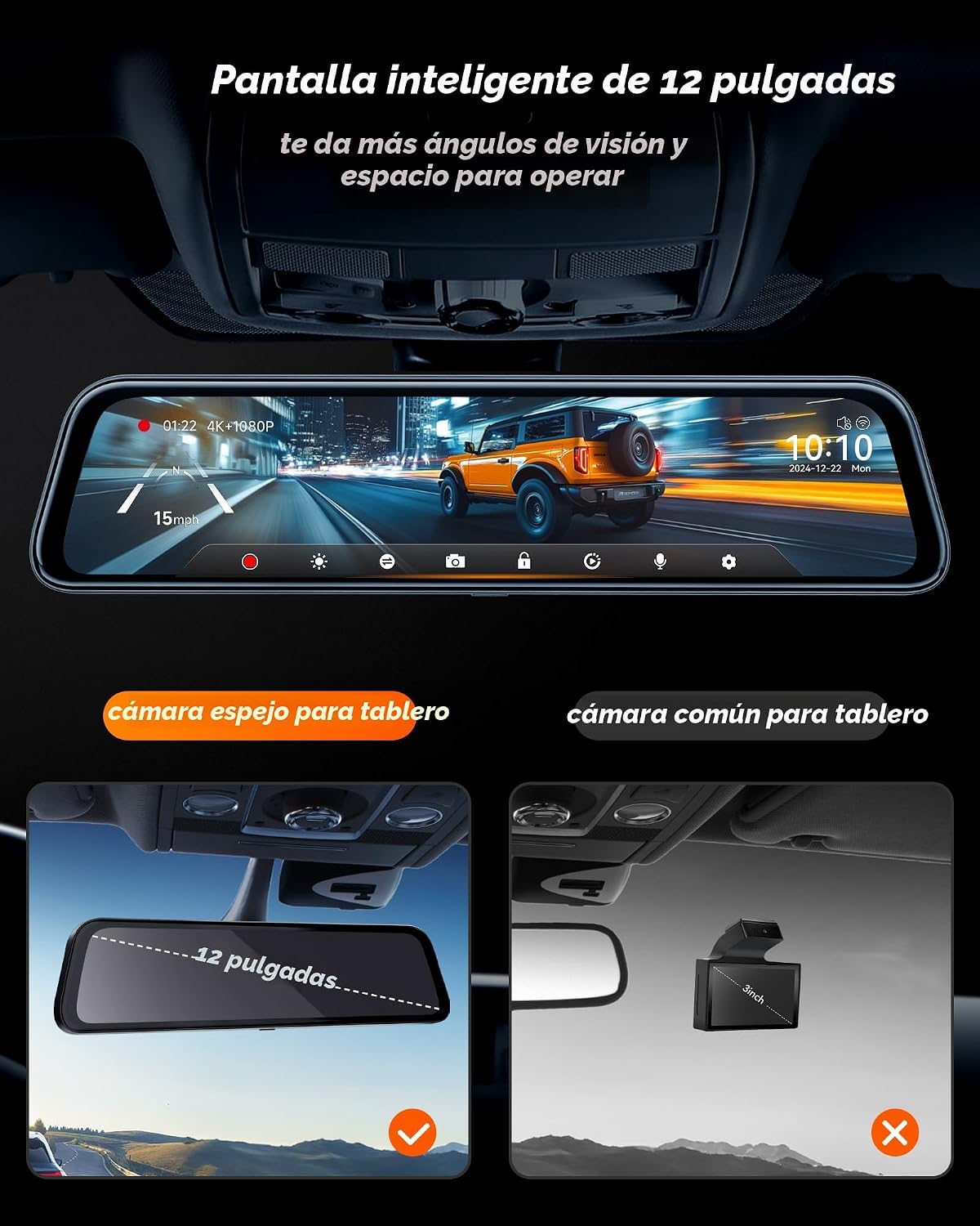 WOLFBOX G840S Cámara de Tablero con Espejo 4K de 12", Cámara de...