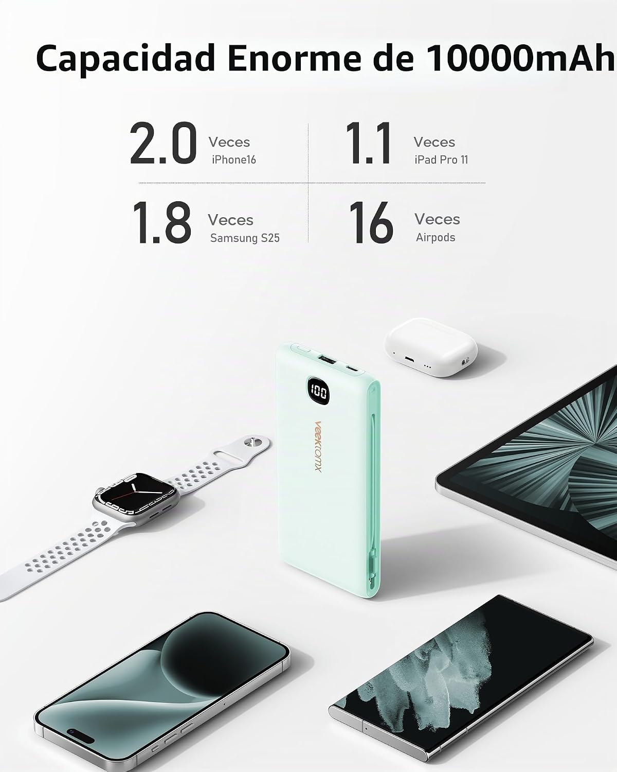 Cargador portátil VEEKTOMX de 10000 mAh con cables integrados y enc...