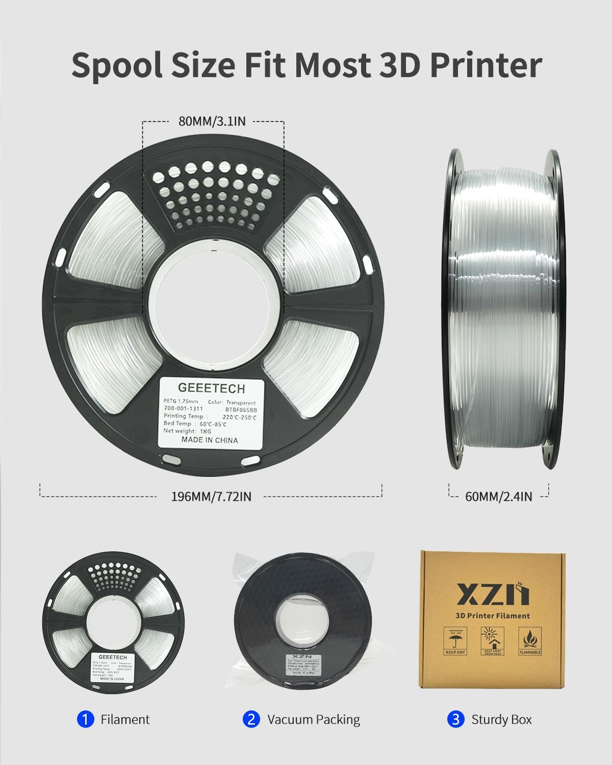 XZN - Filamento PETG de 0.069 pulgadas para impresora 3D, transpare...